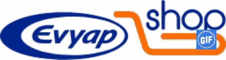 a blue and orange logo for evyap shop with a gif in the corner
