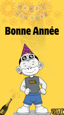a cartoon monkey wearing a party hat and sunglasses says bonne annee