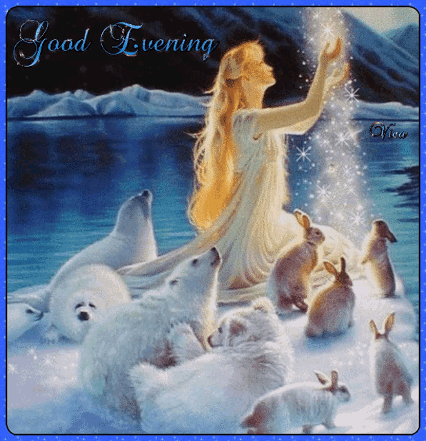a painting of a woman surrounded by polar bears and rabbits with the words good evening on the bottom