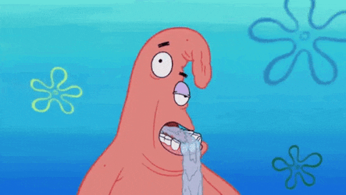 patrick star from spongebob squarepants is crying while holding a bottle of water in his mouth .