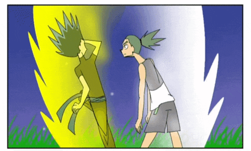 a cartoon of two people standing next to each other with a lightning bolt behind them