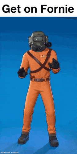 a man in an orange suit with a gas mask on his head is giving a thumbs up