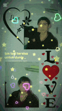 a man is surrounded by hearts and stars with the word love in the middle
