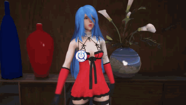 a girl with blue hair is standing in front of a vase with flowers