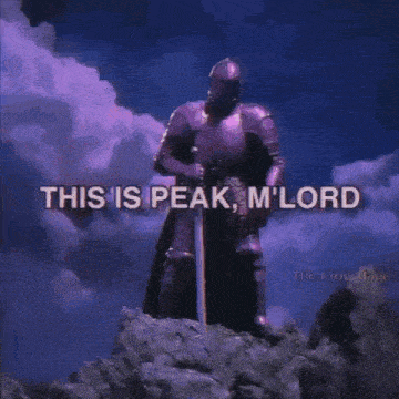 a knight with a sword on top of a mountain with the words this is peak m lord