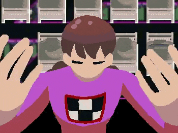 a pixel art of a girl in a purple shirt with a checkered mouth