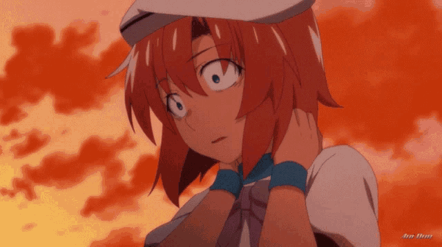 a cartoon of a girl with red hair and a white hat with a watermark that says jm films