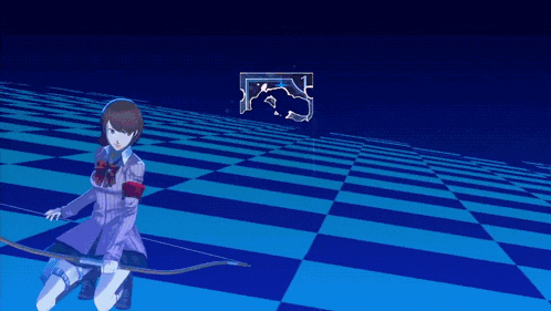 a girl is holding a bow and arrow in front of a blue checkered background