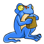 a blue frog is holding a brown bag that says ' a ' on it