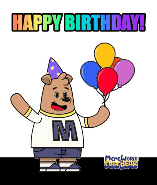 a cartoon bear with the letter m on his shirt is holding balloons and says happy birthday