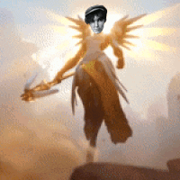 a person with wings is holding a cane and a sword .