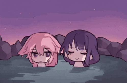 two anime girls are taking a bath in a hot tub .