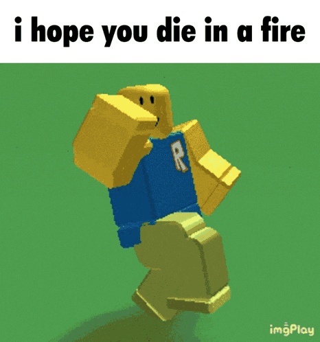 a picture of a roblox character with the words " i hope you die in a fire "