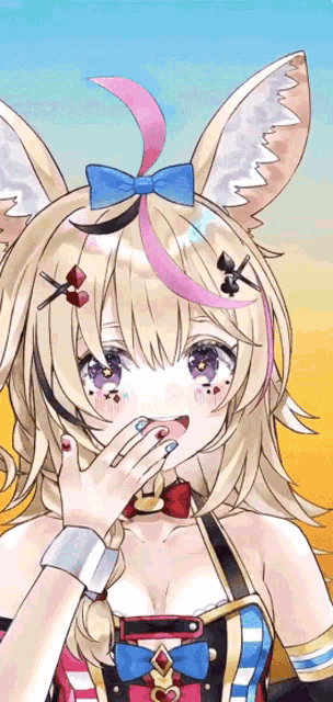 a close up of a girl with a bow on her head