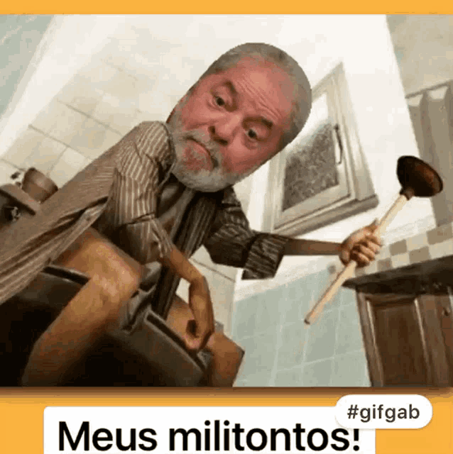 a man with a beard is sitting on a toilet holding a plunger and the words meus militontos on the bottom