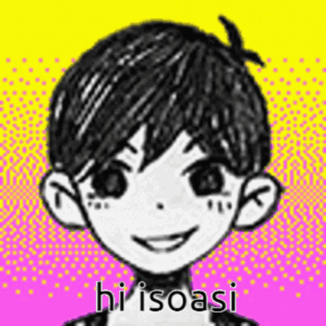 a black and white drawing of a boy with the words hi isoasi written on the bottom .
