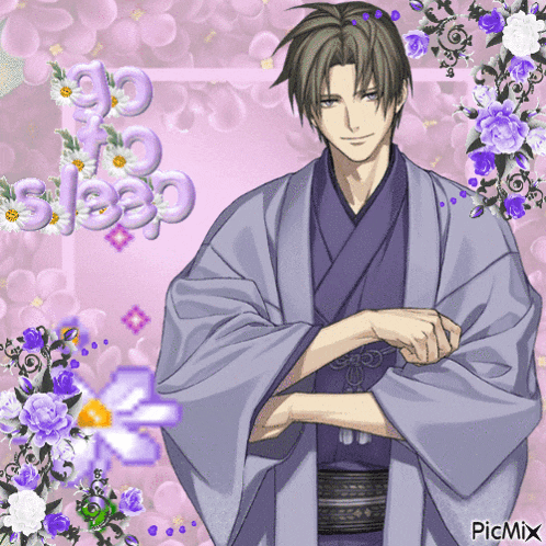 a man in a kimono is surrounded by purple flowers and the word sleep