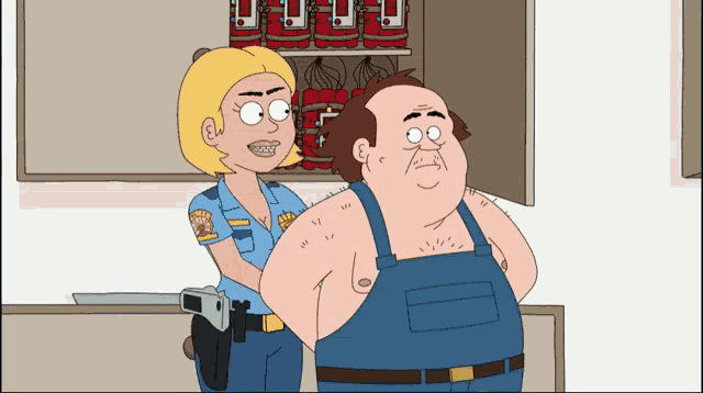 a cartoon of a police officer standing next to a man in handcuffs