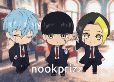 three anime characters are standing next to each other with the name nookprizz written on the bottom