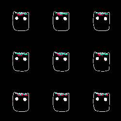 a black background with a pattern of white ghosts with rainbow eyes