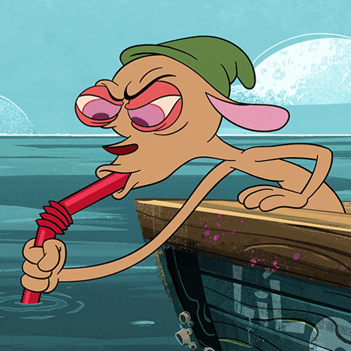 a cartoon character with a green hat is holding a red hose in his mouth