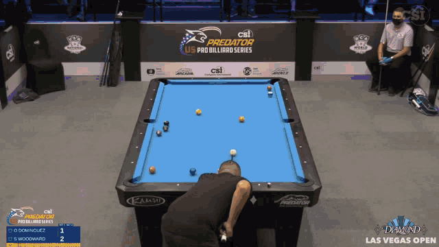a man playing pool in front of a sign that says csi predator