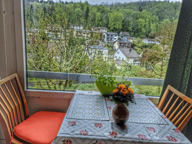 a table with a vase of flowers on it and a view of a valley