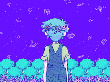 a drawing of a person with blue hair and a flower crown on their head