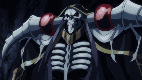 a skeleton with red eyes and horns is standing in a dark room