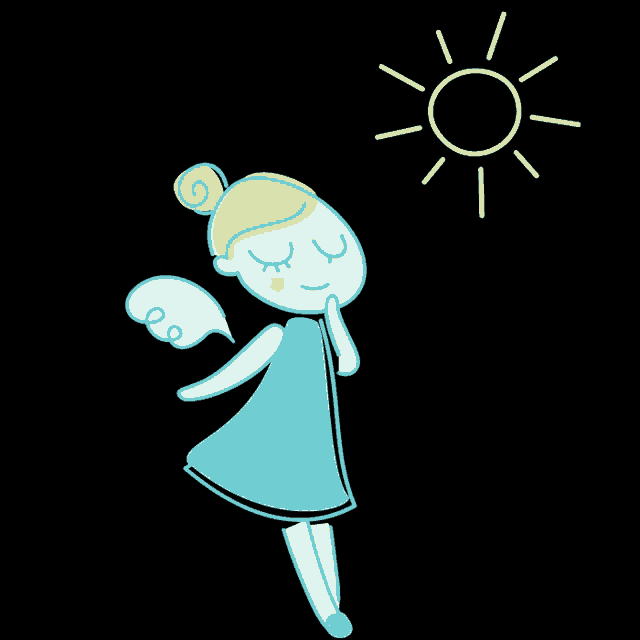 a cartoon drawing of a girl with wings and a sun in the background