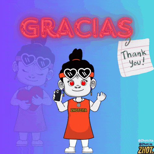 a cartoon of a girl holding a heart and a note that says gracias thank you