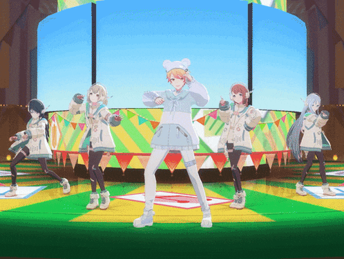 a group of anime characters are dancing on a stage and one of them is wearing a teddy bear hat