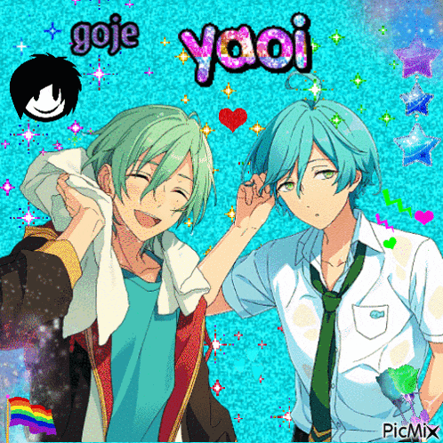 two anime characters are standing next to each other and the words goje yaoi are on the bottom