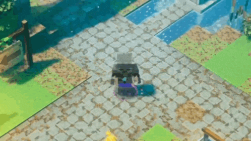 a skeleton in a video game is standing on a brick walkway .