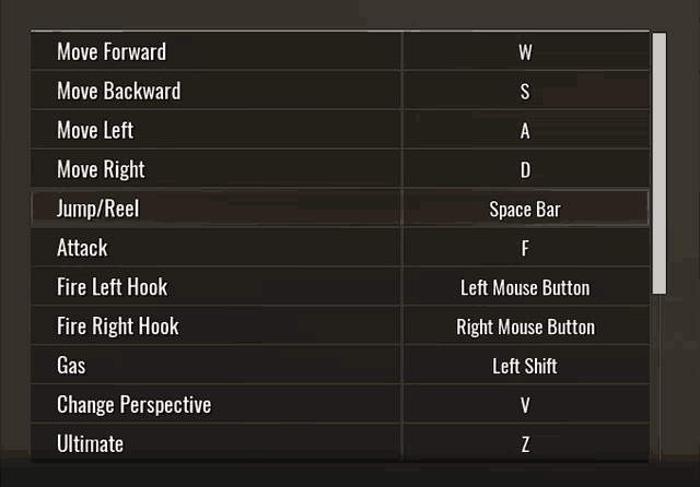 a computer screen shows a list of keys including move forward