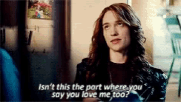 a woman says " isn t this the part where you say you love me too ? "