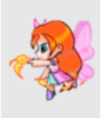 a cartoon fairy with orange hair and pink wings is holding a flame in her hand .