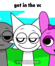 three cartoon characters are standing next to each other in a field with the words `` get in the vc '' written on the bottom .