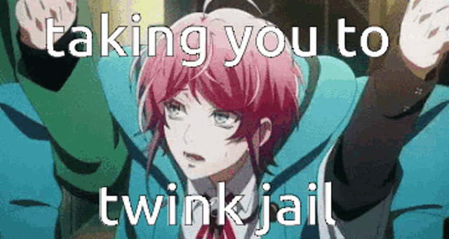 a girl with pink hair is being taken to a twink jail by two men .