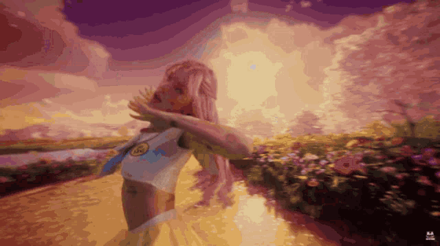 a girl with pink hair and a smiley face on her shirt is standing in a field of flowers