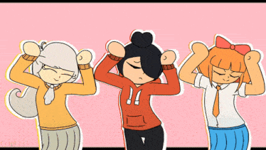a cartoon drawing of three girls dancing with their arms in the air
