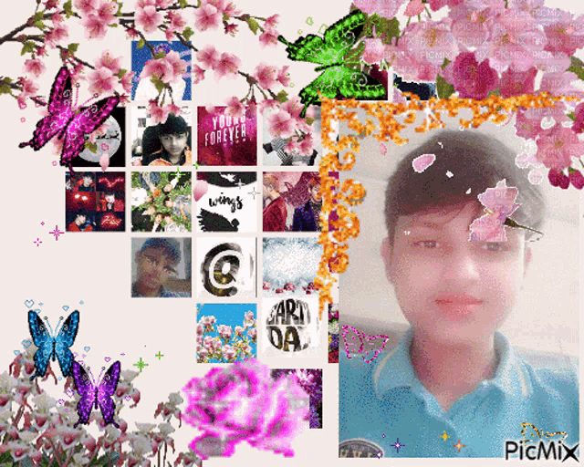 a picture of a boy surrounded by flowers and butterflies with the words young forever written in the middle