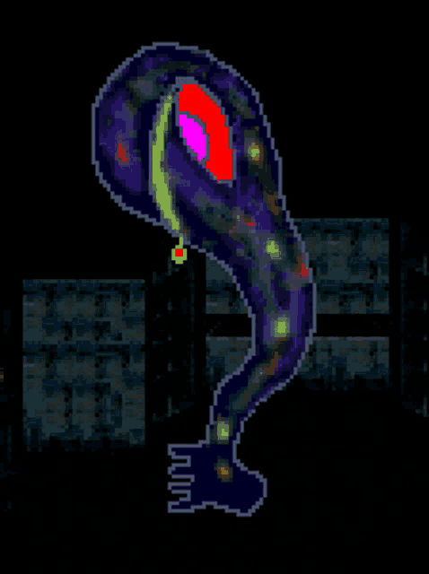 a pixel art of a purple snake with a pink eye