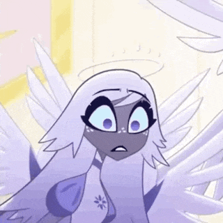 a close up of a cartoon angel with wings and a halo .