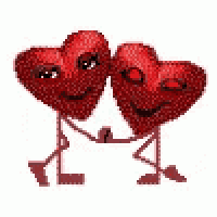 two hearts with arms and legs are holding hands .