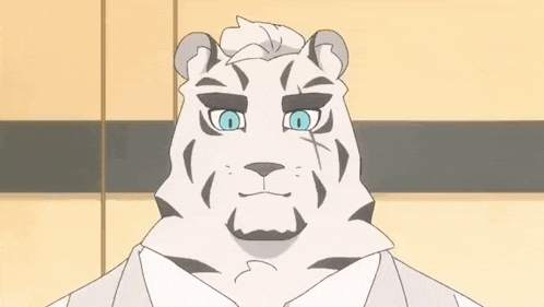 a cartoon of a white tiger with blue eyes wearing a white shirt .