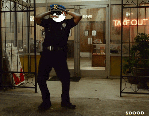 a police officer is dancing in front of a take out restaurant