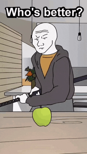 a cartoon of a man cutting a green apple with the caption who 's better