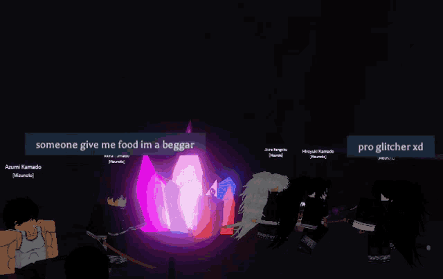 a screenshot of a video game with the words " someone give me food im a beggar " at the top