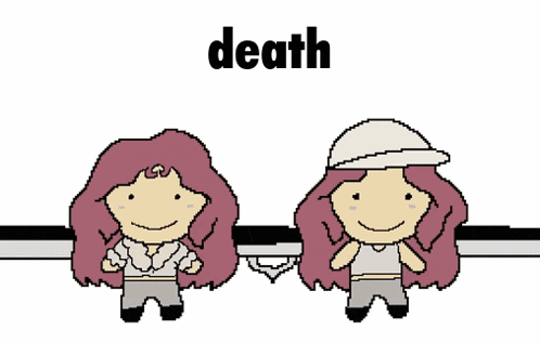 a cartoon of a woman laying on the ground next to a large explosion with the word death above it